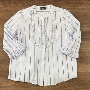 Karl Lagerfled Blue and White Striped Blouse with Ruffle Trim